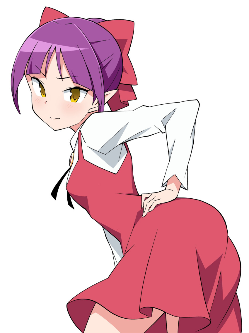 anbe_masahiro ass blush bow closed_mouth dress female gegege_no_kitarou hairbow hand_on_own_hip highres layered_clothes light_blush long_sleeves looking_at_viewer nekomusume nekomusume_(gegege_no_kitarou_6) pointy_ears purple_hair red_bow red_dress shirt short_hair simple_background v-shaped_eyebrows white_background white_shirt yellow_eyes