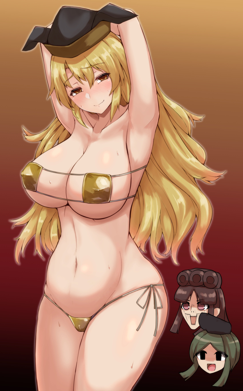 arms_behind_back arms_up bikini blonde_hair blush breasts brown_background brown_eyes cleavage closed_mouth commentary_request gold_bikini gradient_background hat highres large_breasts long_hair looking_at_viewer mani_padme matara_okina navel nishida_satono smile swimsuit teireida_mai touhou