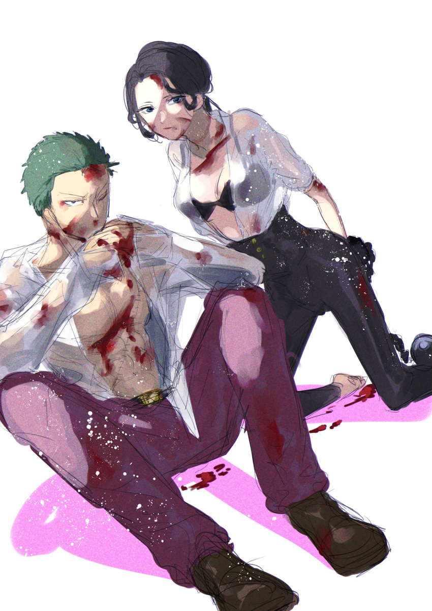 1boy black_bra black_hair black_pants blood blood_on_chest blood_on_face bra colored_shadow commentary female green_hair hair_bun highres looking_at_viewer nico_robin one_eye_closed one_piece open_clothes open_shirt pants piry purple_pants roronoa_zoro see-through_clothes see-through_shirt shadow shirt short_hair simple_background sitting underwear white_background white_shirt