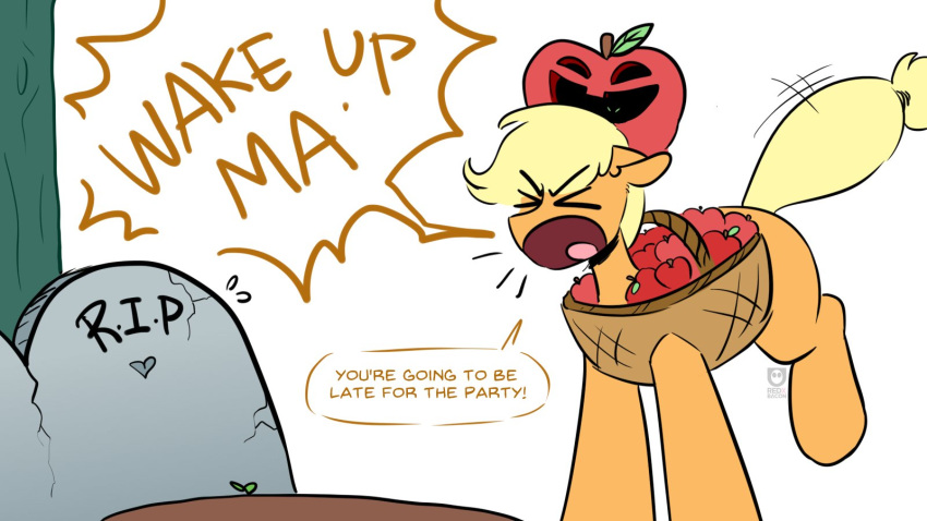 >_< 16:9 apple applejack_(mlp) basket closed_eyes clothing container costume dark_humor dialogue earth_pony emanata equid equine female feral food friendship_is_magic fruit grave halloween hasbro heart_symbol hi_res holidays horse humor mammal my_little_pony open_mouth plant pony redxbacon simple_background solo speech_bubble text tombstone white_background widescreen yelling