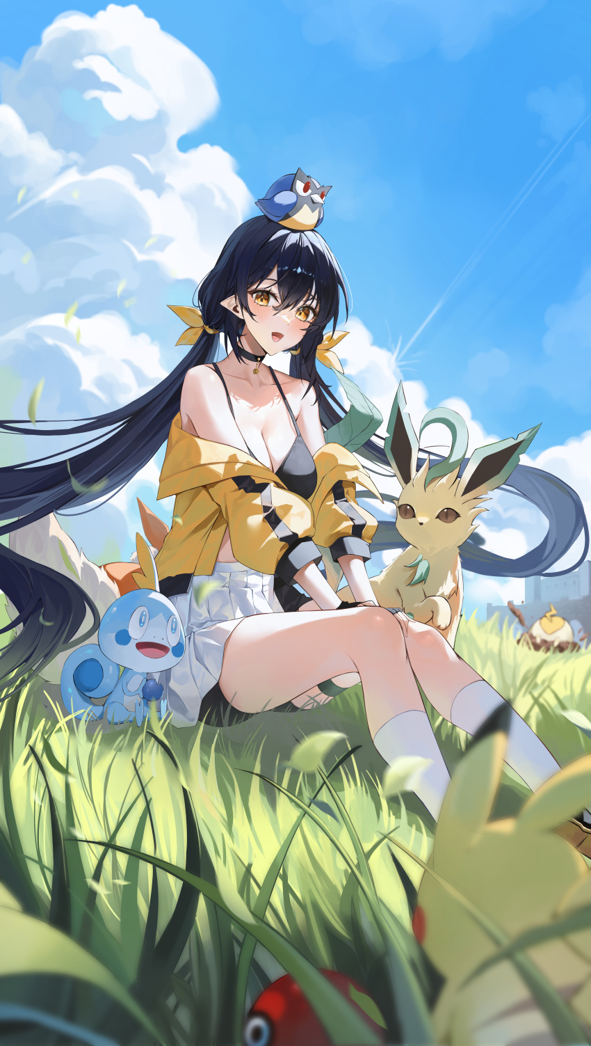 :d absurdres black_bra black_choker black_hair blush bra breasts brown_footwear choker cleavage cloud collarbone commentary_request day eyelashes female grass hair_ribbon highres jacket kuro_(rudyan0128) leafeon long_hair off_shoulder on_head open_mouth outdoors pikachu pointy_ears pokemon pokemon_(creature) pokemon_on_head ribbon rookidee shoes sitting skirt sky smile sobble socks thigh_strap tongue twintails underwear very_long_hair white_skirt white_socks yellow_eyes yellow_jacket