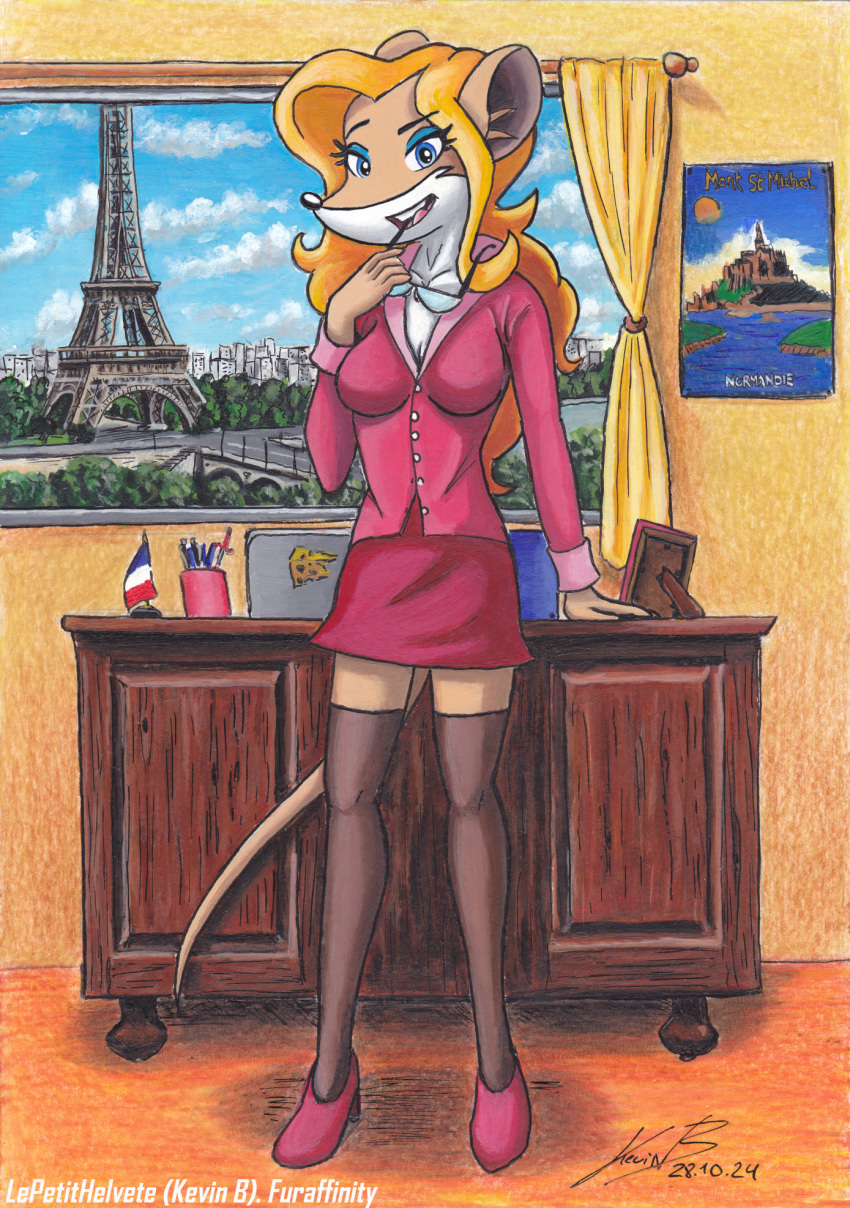 acrylic_painting_(artwork) anthro blonde_hair blue_eyelids blue_eyes bottomwear breasts clothing colette_(thea_sisters) colored_pencil_(artwork) computer curtains_open desk eiffel_tower electronics europe female footwear france french_flag french_girl furniture geronimo_stilton_(series) glasses_in_mouth hair hi_res laptop legwear leptitsuisse1912_(lepetithelvete) mammal medium_breasts mixed_media montstmichel mouse mouse_tail murid murine open_mouth painting_(artwork) paris pink_bottomwear pink_clothing pink_shirt pink_skirt pink_topwear pinup pose poster rat rodent secretary_outfit sexy_eyes shirt shoes skirt solo table tan_body thea_sisters tights tightsuit tongue topwear toureiffel traditional_media_(artwork) wall_(structure) white_body window wood wood_furniture