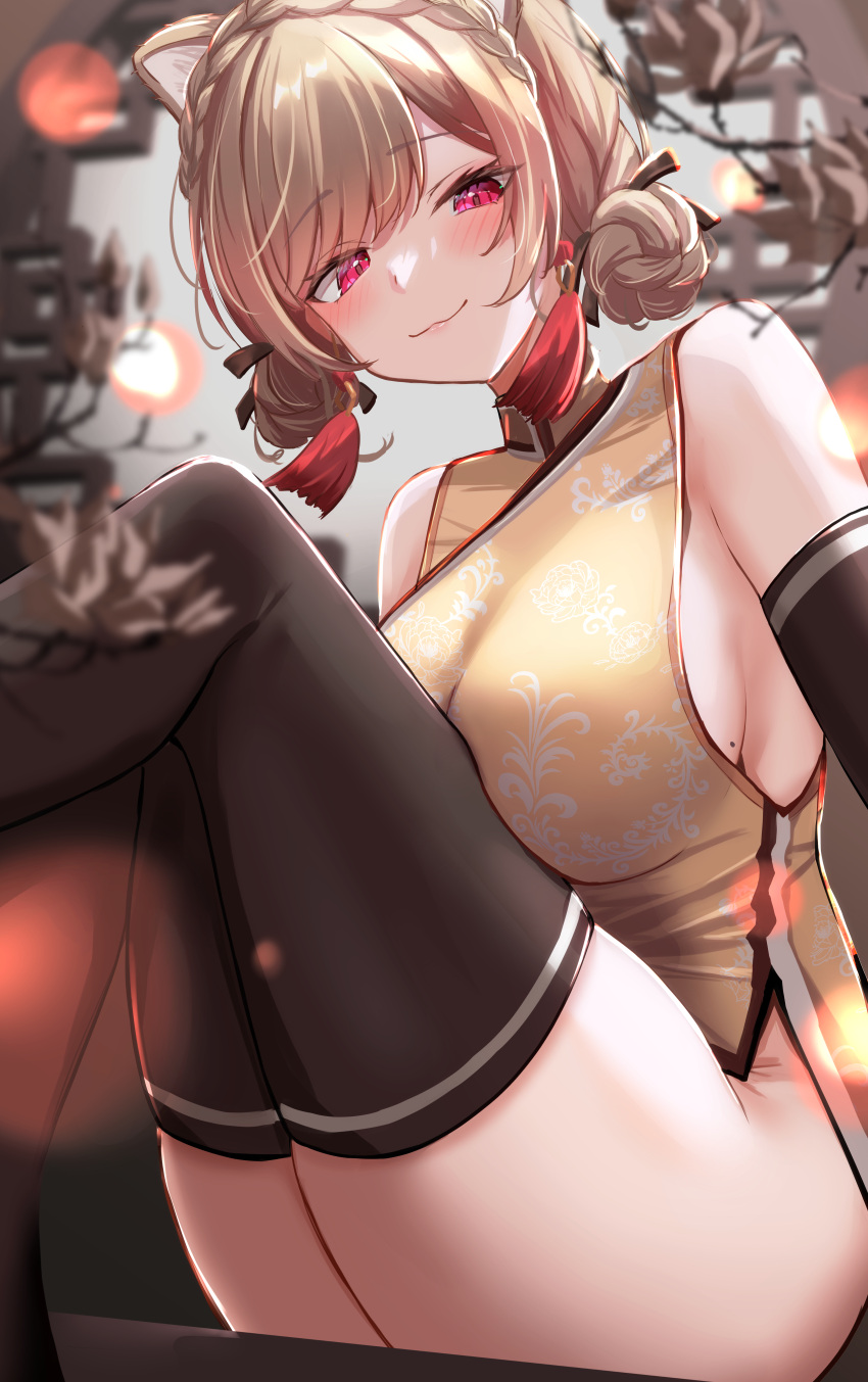 :3 absurdres animal_ears architecture bare_hips bare_shoulders black_gloves black_thighhighs blonde_hair blush braid breasts brown_hair cat_ears china_dress chinese_clothes crown_braid double_bun dress earrings east_asian_architecture female furen_e_lustario gloves gradient_hair hair_bun highres jewelry large_breasts legs_up light_smile looking_at_viewer mole mole_on_breast multicolored_hair nijisanji no_bra no_panties red_eyes sideboob sitting solo swept_bangs takoyaki_ki tassel tassel_earrings thighhighs thighs very_low_bun virtual_youtuber yellow_dress