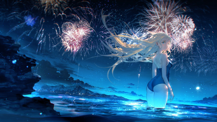 aerial_fireworks ass blonde_hair blue_eyes blue_one-piece_swimsuit breasts commentary_request female fireworks highres kofune_ushio long_hair looking_ahead looking_back medium_breasts mountain night night_sky ocean one-piece_swimsuit outdoors sky solo summertime_render swimsuit tidsean wading