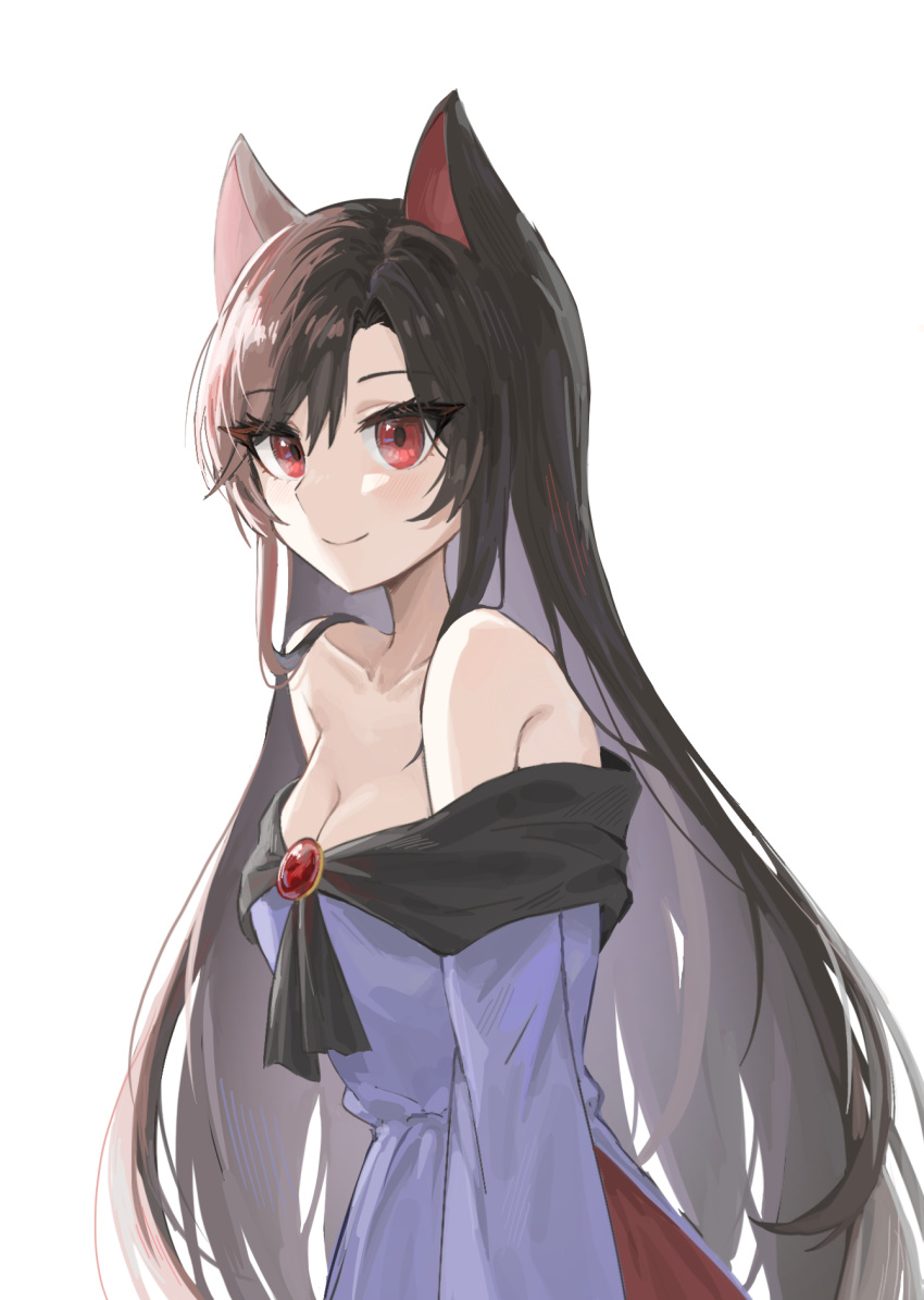 animal_ears backlighting bare_shoulders breasts brown_hair cleavage dress female from_side hair_between_eyes highres imaizumi_kagerou long_hair long_sleeves looking_at_viewer maybe_(user_rrdw2854) medium_breasts off-shoulder_dress off_shoulder parted_bangs red_brooch red_eyes smile touhou upper_body very_long_hair white_dress wolf_ears wolf_girl