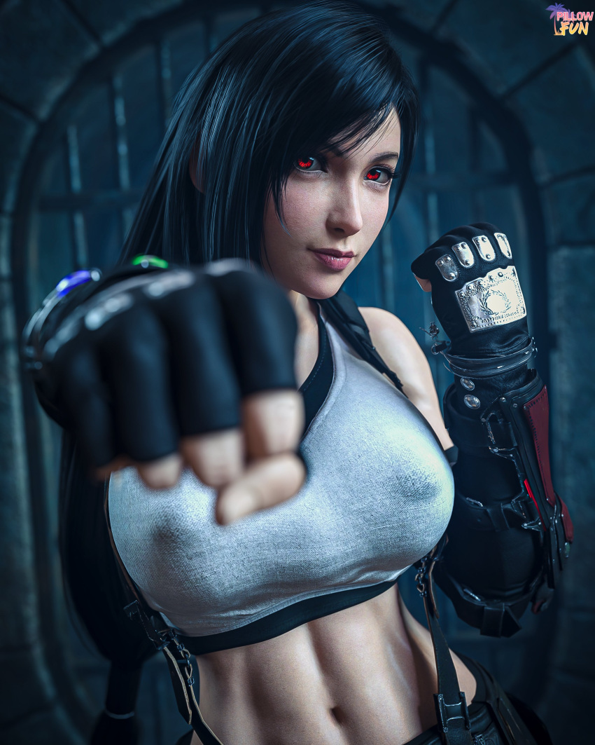 1girls 2024 3d armband black_hair clothed clothed_female covered_breasts crop_top female female_only fighting_pose final_fantasy final_fantasy_vii final_fantasy_vii_remake fingerless_gloves front_view gloves glowing_eyes grate huge_breasts indoors lipstick long_hair midriff midriff_baring_shirt navel nipple_bulge no_nude no_nudity non-nude non_nude pillowfun pink_lipstick posing punching red_eyes shorts smiling solo studded_gloves suspenders tank_top tifa_lockhart upper_body very_long_hair