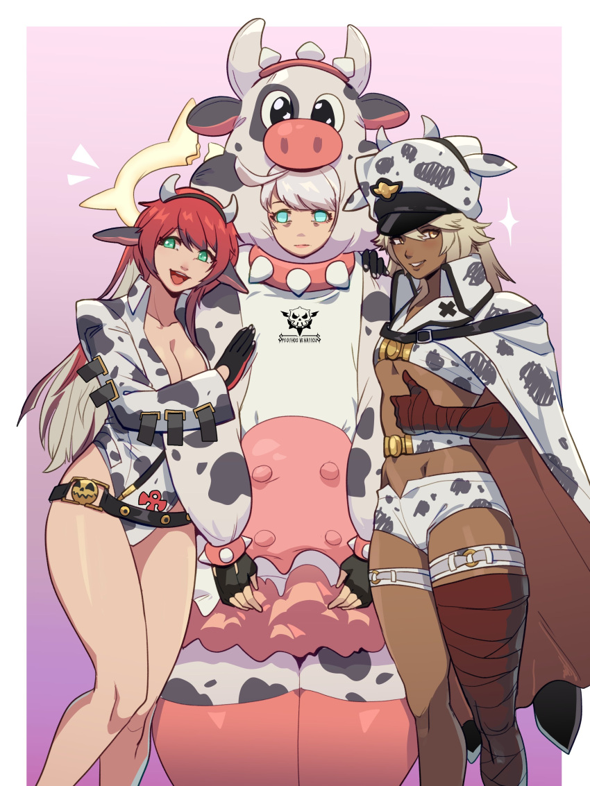 3girls absurdres adapted_costume animal_costume animal_ears animal_print bandaged_arm bandaged_leg bandages bare_legs breasts broken_horn cleavage colored_inner_hair cow_costume cow_ears cow_horns cow_print elphelt_valentine fake_animal_ears fake_horns fingerless_gloves gloves grey_hair guilty_gear guilty_gear_strive highres horns jack-o'_valentine leotard multicolored_hair multiple_girls ramlethal_valentine red_hair siblings sisters skullworms thighs thumbs_up