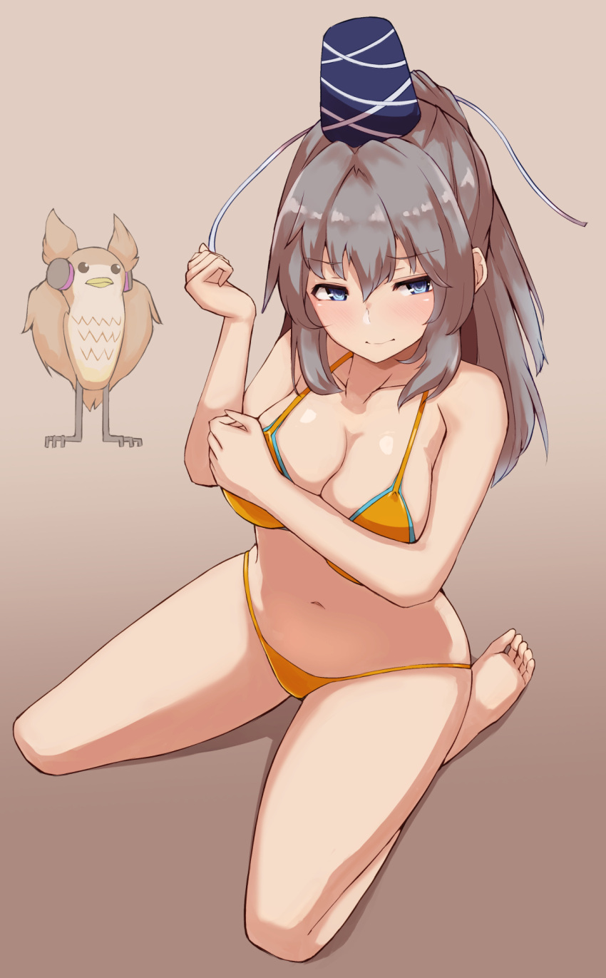 bikini blue_hat blush breast_expansion breasts brown_background cleavage closed_mouth collarbone commentary_request female full_body gradient_background grey_eyes grey_hair hat highres large_breasts long_hair looking_at_viewer mani_padme mononobe_no_futo navel nipples orange_bikini ponytail sitting swimsuit tate_eboshi touhou toyosatomimi_no_miko toyosatomimi_no_miko_(owl) variant_set