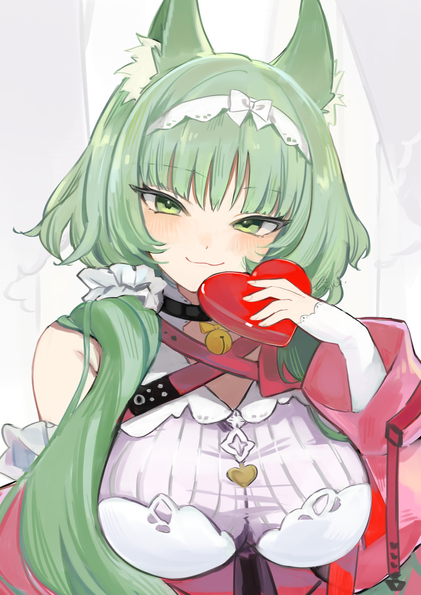 :3 absurdres animal_ear_fluff animal_ears arknights bell blush box box_of_chocolates breasts commentary_request female green_eyes green_hair harmonie_(arknights) harmonie_(decoration)_(arknights) heart heart-shaped_box highres holding holding_box jacket k-yosinori large_breasts long_hair looking_at_viewer neck_bell official_alternate_costume partial_commentary pink_jacket shirt simple_background single_bare_shoulder smile solo upper_body white_background white_shirt