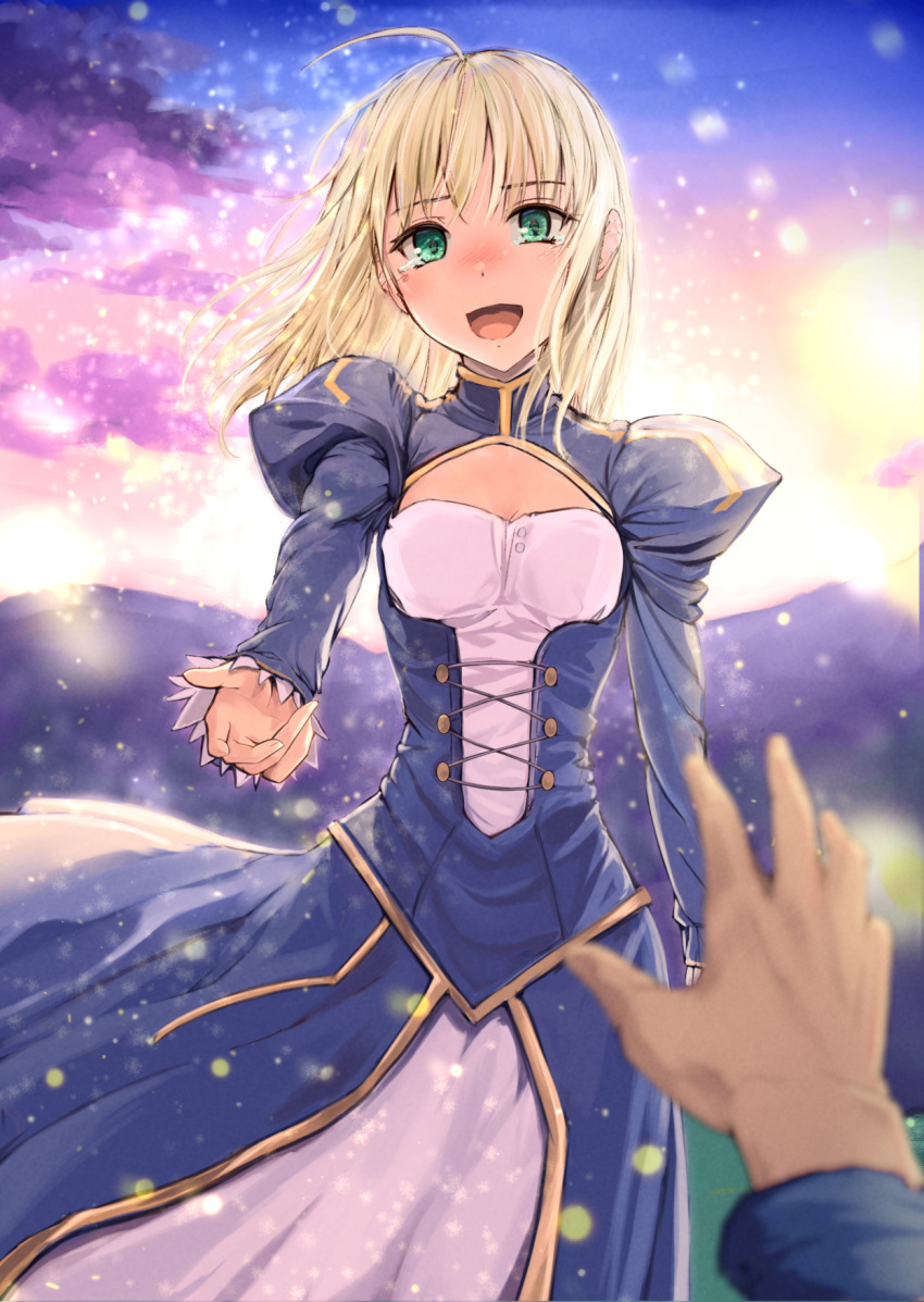 1boy ahoge artoria_pendragon_(fate) blonde_hair blue_dress blush breasts clothing_cutout commentary_request dappled_sunlight dress emiya_shirou fate/stay_night fate_(series) female green_eyes hair_down highres juliet_sleeves k3rd long_sleeves looking_at_another looking_at_viewer medium_hair mountainous_horizon nose_blush open_mouth outstretched_arm pov puffy_sleeves saber_(fate) small_breasts smile sunlight sunrise