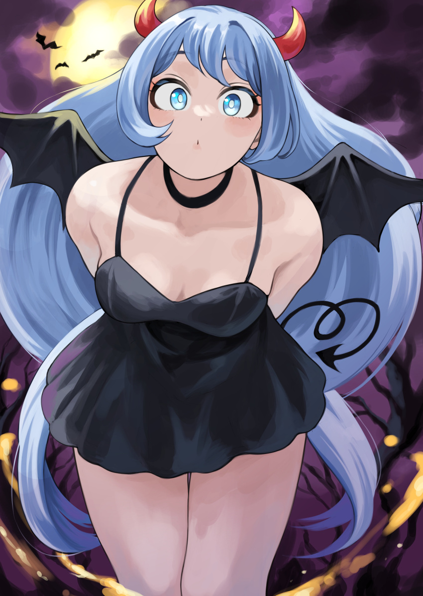 absurdres alternate_costume bat_(animal) black_choker black_dress black_tail black_wings blue_eyes blue_hair boku_no_hero_academia choker cloud cloudy_sky demon_horns demon_tail demon_wings dress female fengling_(furin-jp) full_moon hadou_nejire highres horns long_hair moon night outdoors red_horns sky solo tail wings