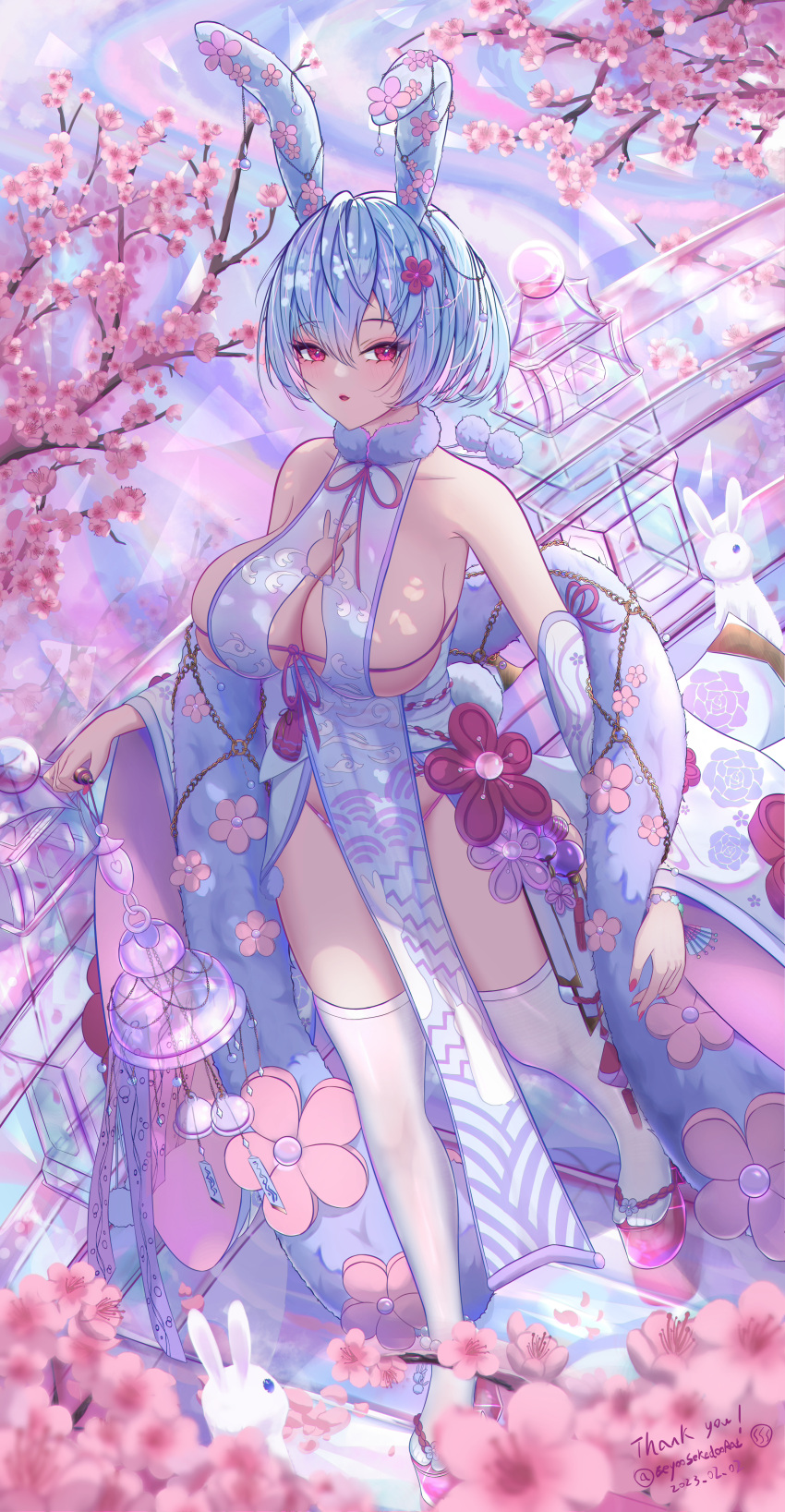 absurdres animal_ears armpit_crease armpits bare_shoulders breasts cleavage collarbone dappled_sunlight eeyoosekedooaat female furisode happy_new_year highres japanese_clothes kimono large_breasts original pelvic_curtain rabbit_ears revealing_clothes skindentation sunlight thighhighs thighs