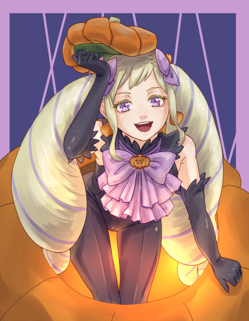 bare_shoulders black_bodysuit black_gloves blonde_hair bodysuit bow drill_hair elbow_gloves elise_(fire_emblem) female fire_emblem fire_emblem_fates gloves hairbow halloween halloween_costume hat highres long_hair looking_at_viewer pumpkin pumpkin_hat purple_eyes solo teeth triangle_nose tsulala44_(oi_thanks) twin_drills twintails upper_teeth_only