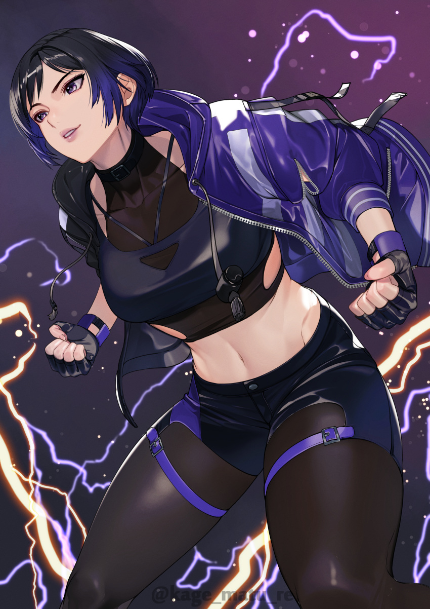 absurdres black_gloves black_hair black_pantyhose black_shirt blue_shorts breasts clenched_hands crop_top electricity female fingerless_gloves gloves grin highres jacket kagematsuri midriff multicolored_hair navel open_clothes open_jacket pantyhose pantyhose_under_shorts parted_lips purple_eyes purple_hair purple_jacket reina_(tekken) shirt short_hair short_shorts shorts sleeveless sleeveless_shirt smile solo stomach teeth tekken tekken_8 thighs twitter_username