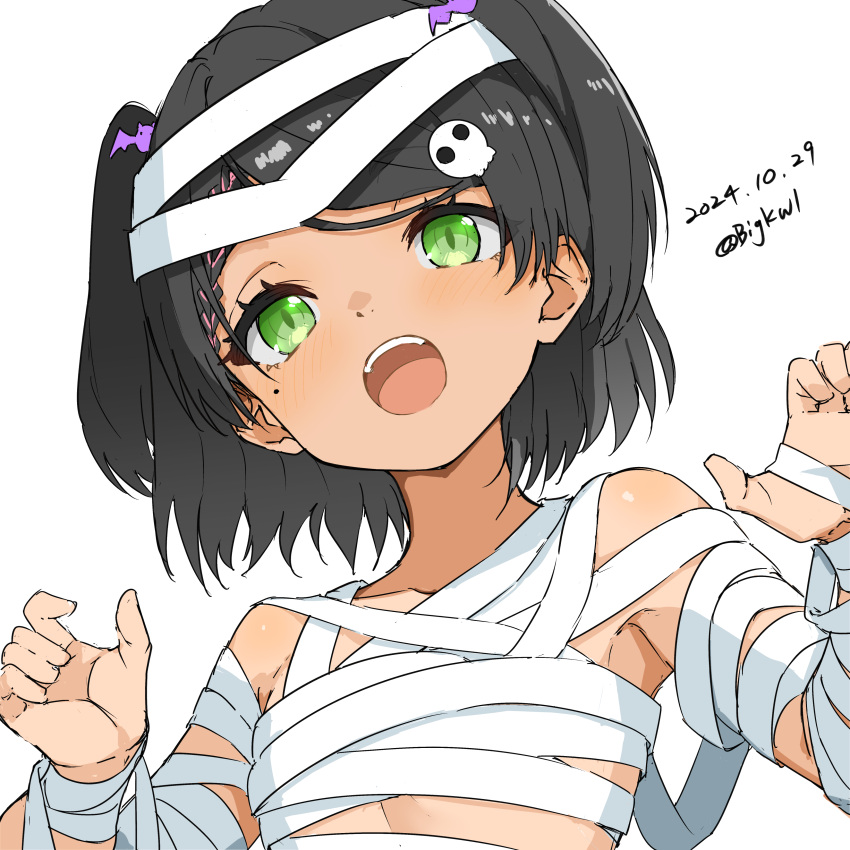 absurdres bandages bigkwl black_hair blush dated female green_eyes hair_ornament halloween halloween_costume highres kantai_collection looking_at_viewer mole mole_under_eye mummy mummy_costume naked_bandage open_mouth scirocco_(halloween_mode)_(kancolle) scirocco_(kancolle) short_hair skull_hair_ornament twitter_username two_side_up upper_body