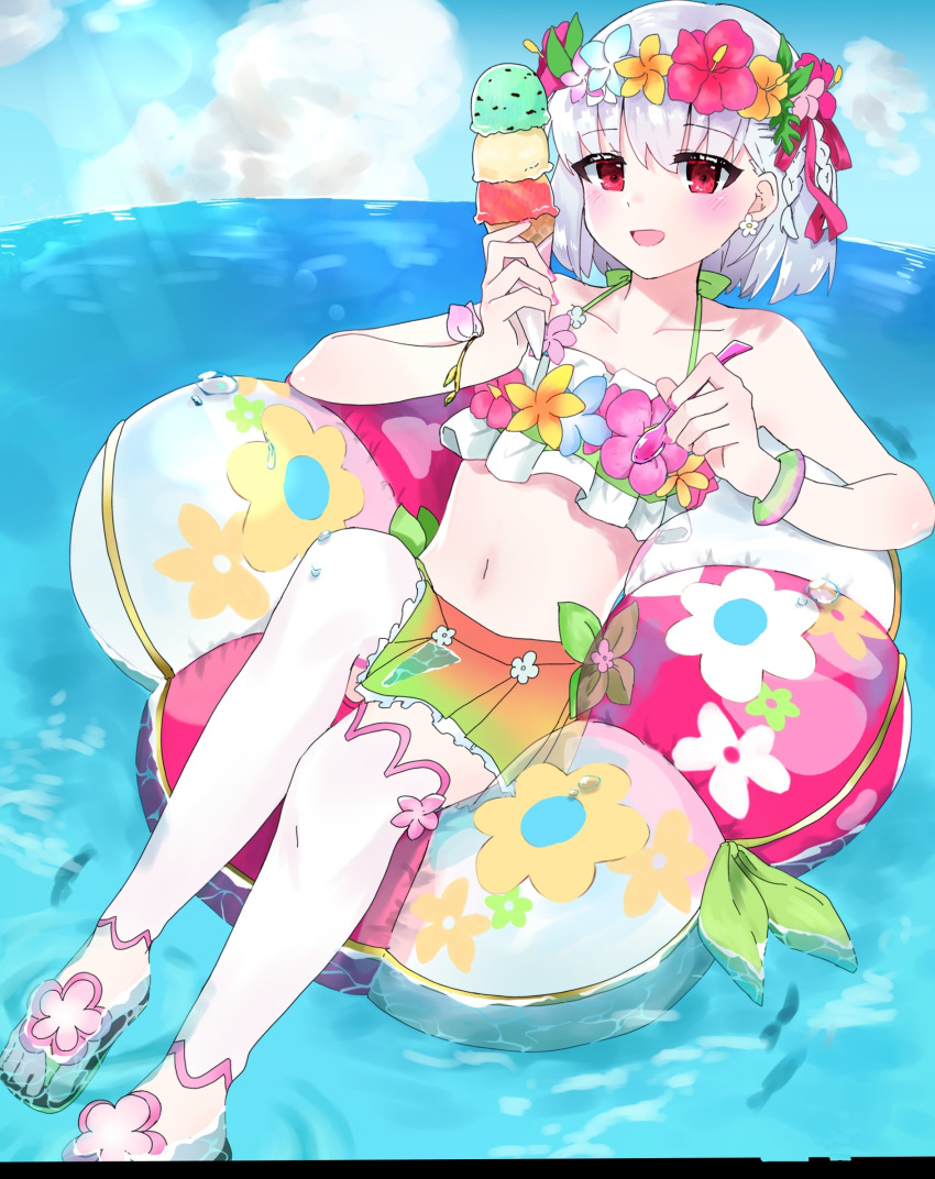 bare_shoulders bikini blue_sky blush bracelet breasts collarbone fate/grand_order fate_(series) female flower_wreath food green_bikini hair_ribbon head_wreath highres ice_cream ice_cream_cone innertube jewelry kama_(fate) kama_(swimsuit_avenger)_(fate) kama_(swimsuit_avenger)_(first_ascension)_(fate) looking_at_viewer miniskirt navel ocean rainbow_skirt red_eyes ribbon sandals short_hair skirt sky small_breasts swim_ring swimsuit thighhighs umeboshi_disk white_hair white_thighhighs