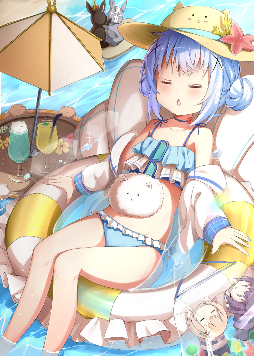 absurdres anko_(gochiusa) bare_shoulders bendy_straw bikini blue_bikini blue_hair blue_nails brown_hat chestnut_mouth closed_eyes commentary_request cup day double_bun drink drinking_glass drinking_straw feet_out_of_frame female frilled_bikini frills gochuumon_wa_usagi_desu_ka? hair_bun hair_ornament hat highres hoto_cocoa innertube jacket kafuu_chino long_sleeves lying nail_polish off_shoulder on_back open_clothes open_jacket outdoors parted_lips partially_submerged puffy_long_sleeves puffy_sleeves starfish stick_jitb sun_hat swim_ring swimsuit tedeza_rize tippy_(gochiusa) tray water white_jacket wild_geese x_hair_ornament