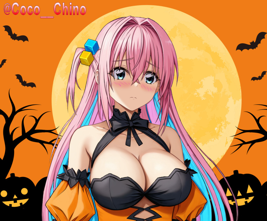 bare_tree bat_(animal) blue_eyes blush bocchi_the_rock! breasts cleavage cleavage_cutout closed_mouth clothing_cutout coco_chino commentary commentary_request cube_hair_ornament detached_sleeves dress female food frown fruit full_moon gotoh_hitori hair_intakes hair_ornament halloween halloween_costume halterneck jack-o'-lantern large_breasts long_hair looking_at_viewer moon one_side_up orange_(fruit) orange_dress orange_sky orange_slice partial_commentary pink_hair sky solo tree twitter_username upper_body