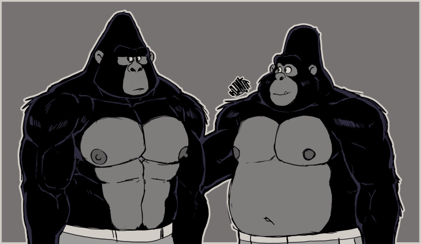 anthro ape barry_(sing) black_body black_fur bottomwear boxing boxing_shorts boxing_trunks clothed clothing duo fur gang gangster gorilla haplorhine hi_res hunter-husky illumination_entertainment male male/male mammal manly muscular muscular_male patting_back pecs primate shirtless shirtless_anthro shirtless_male shorts side_eye sing_(movie) smile smiling_at_another smiling_at_partner sport stan_(sing) stocky topless topless_anthro topless_male training