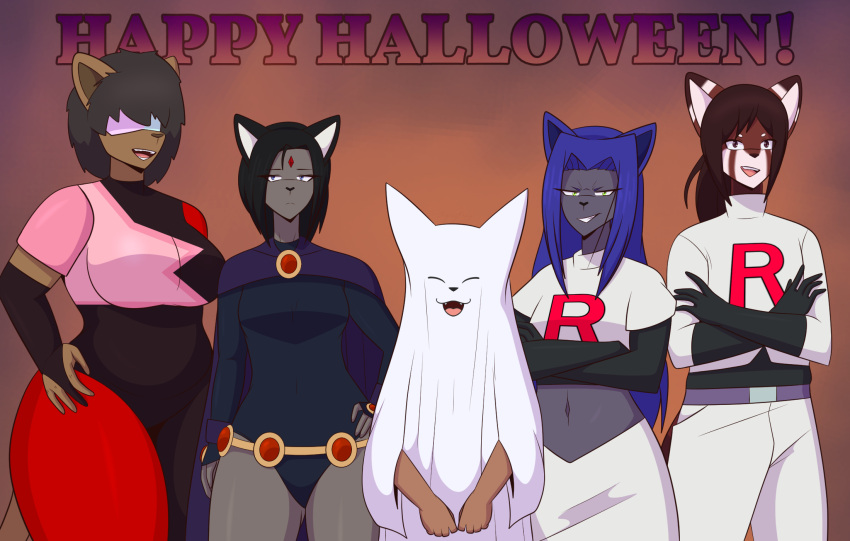 2024 ailurid anthro black_hair blue_hair breasts canid canine cartoon_network clothing cosplay costume dc_comics digital_media_(artwork) domestic_cat felid feline felis female fennec_fox flyingtrace flynn_(flyingtrace) fox fur garnet_(steven_universe) ghost green_eyes grey_body group gynomorph hair hair_over_eyes halloween hi_res holidays intersex iris_(flyingtrace) june_(flyingtrace) kori_(flyingtrace) lion looking_at_viewer male mammal multicolored_body multicolored_fur nintendo pantherine pokemon raven_(dc) red_body red_panda shaded signature simple_background slightly_chubby spirit steven_universe team_rocket teen_titans text trans_(lore) trans_woman_(lore) true_fox wide_hips yazz_(flyingtrace)