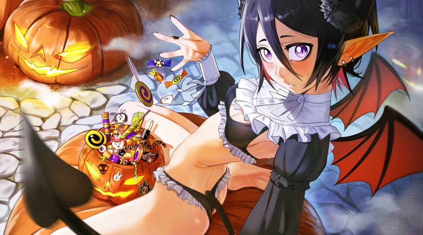 absurdres alternate_costume ass bikini black_bikini black_hair black_horns black_nails bleach breasts breasts_apart candy demon_tail demon_wings earrings female food frilled_bikini frills halloween highres horns jack-o'-lantern jewelry kuchiki_rukia lollipop looking_at_viewer parted_lips pointy_ears purple_eyes short_hair sitting small_breasts solo swimsuit tail waligner wings