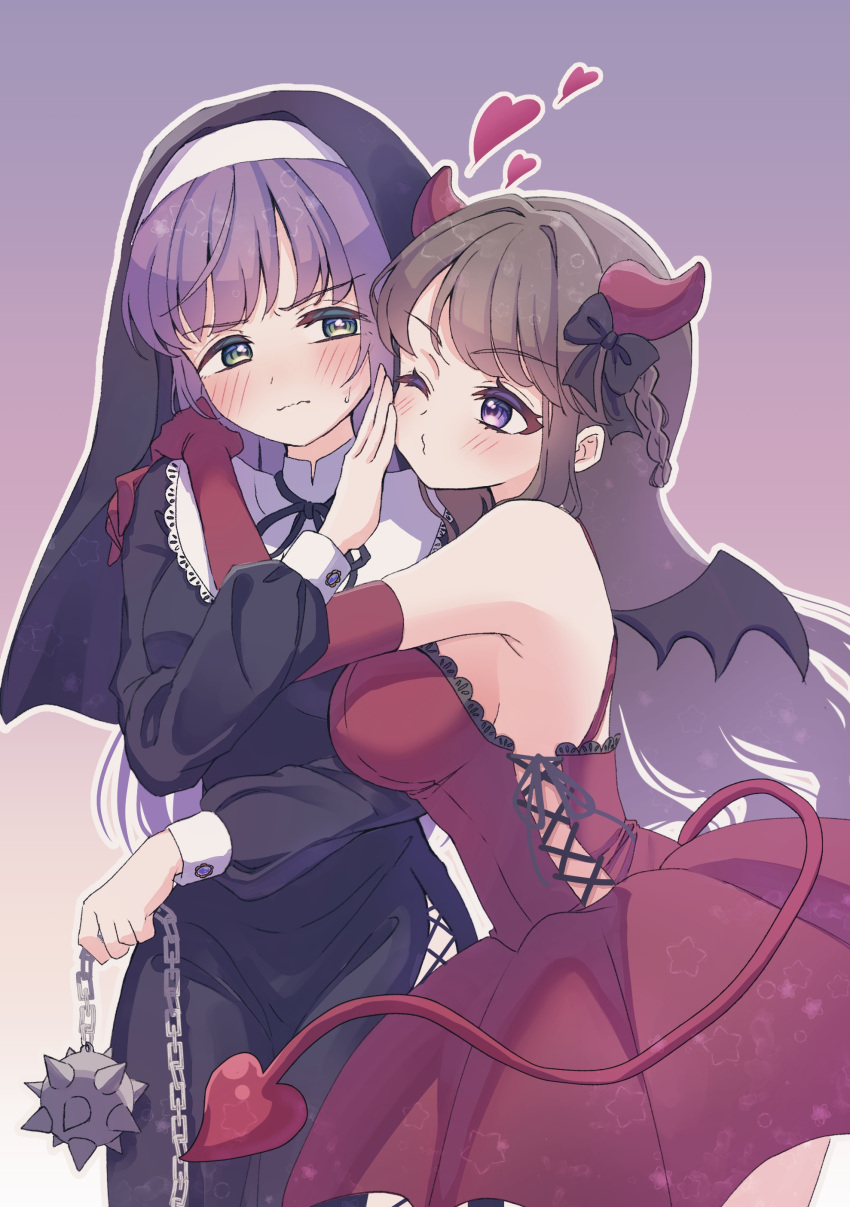 2girls absurdres alternate_costume armpit_crease ball_and_chain_(weapon) black_bow black_coif black_dress blush bow breasts brown_hair closed_mouth coif commentary_request cowboy_shot cross-laced_clothes cross-laced_dress demon_girl demon_horns dress elbow_gloves fujishima_megumi gloves gradient_background green_eyes hairbow half_up_braid halloween_costume hand_on_another's_cheek hand_on_another's_face hands_on_another's_shoulder heart highres hiyori_(20hiyori727) holding holding_weapon horns large_breasts link!_like!_love_live! long_hair long_sleeves love_live! multiple_girls nun one_eye_closed otomune_kozue outline partial_commentary puckered_lips purple_background purple_eyes purple_hair red_dress red_gloves rejection side_slit sideboob sidelocks sleeveless sleeveless_dress spiked_ball_and_chain split_mouth virtual_youtuber wavy_mouth weapon white_outline yuri