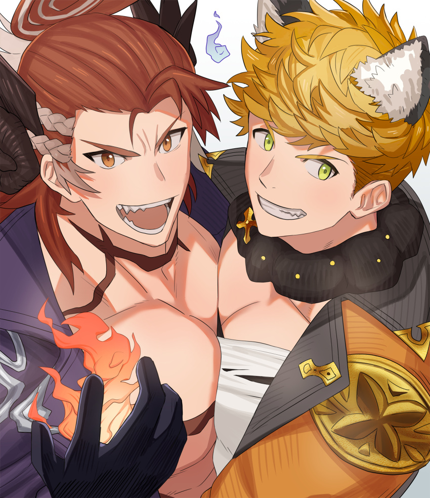 2boys absurdres amainu bara black_coat black_gloves blonde_hair coat fire fur_collar gloves granblue_fantasy green_eyes halloween highres horns jacket large_pectorals long_hair male_focus multicolored_hair multiple_boys muscular muscular_male official_alternate_costume open_clothes open_coat open_jacket open_mouth orange_eyes orange_jacket pectorals red_hair shirt short_hair smile teeth torn_clothes torn_shirt two-tone_hair vane_(granblue_fantasy) vane_(halloween)_(granblue_fantasy) white_shirt wilnas_(granblue_fantasy) wilnas_(halloween)_(granblue_fantasy)