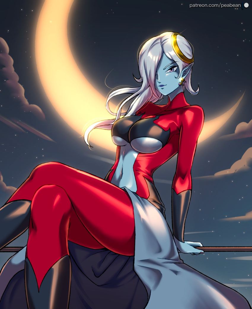 absurdres blue_skin bodysuit breasts clothing_cutout colored_skin crescent_moon crossed_legs dragon_ball dragon_ball_heroes dragon_ball_online dragon_ball_xenoverse earrings female grey_hair hair_over_one_eye highres holding holding_staff jewelry large_breasts long_hair midair moon navel night pea-bean pointy_ears red_bodysuit sitting solo staff stomach_cutout towa_(dragon_ball)