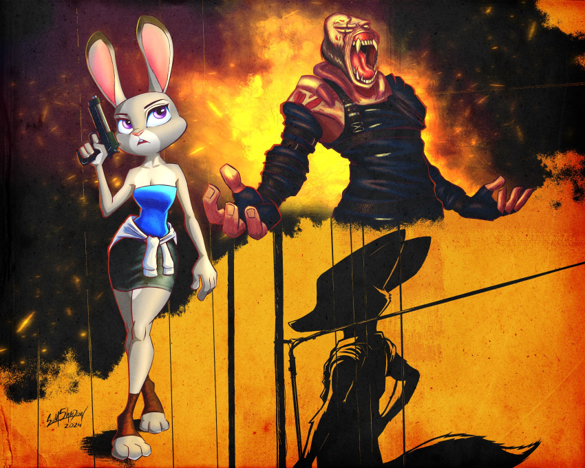 1_eye abstract_background alternate_species ambiguous_gender anthro baboon bared_teeth breasts buckteeth canid canine capcom cleavage clothed clothing crop_top disney ears_up explosion female fire fox fur group gun handgun haplorhine hi_res jill_valentine judy_hopps lagomorph leporid male mammal monkey nemesis_(resident_evil) nick_wilde old_world_monkey open_mouth parasite police police_officer primate rabbit ranged_weapon resident_evil scar shirt silhouette sum5hadow surgical_suture teeth topwear trio tyrant_(resident_evil) walking weapon zootopia