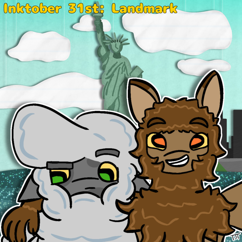 anthro city cloud duo female firon_(nopov) fur grin hand_on_shoulder hi_res inktober male male/female mammal new_york_city raila_(nopov) relyt2442 sea selfie simple_background smile statue_of_liberty text the_nature_of_predators toony venlil_(the_nature_of_predators) water wool_(fur)