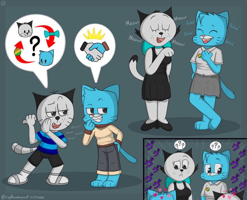 2024 absurd_res age_difference anthro asking_another badge barefoot blue_body blue_fur bottomwear captain_mooncat cartoon_network chibi chopsticc cjk_character clothing confusion crossover dialogue domestic_cat dress dress_shoes eddie_puss emoji feet felid feline felis female footwear fur gesture grey_body grey_fur grin group gumball_watterson hand_gesture hand_in_air hand_on_hip handshake head_tuft hi_res humanoid idea implied_incest inviting male male/female mammal meme menacing_(meme) meow mother_(lore) mother_and_child_(lore) mother_and_son_(lore) mother_puss neckwear nervous nicole_watterson older_female parent_(lore) parent_and_child_(lore) parent_and_son_(lore) partner_swap pattern_clothing pattern_shirt pattern_topwear pointing rebus ribbons shirt shoes shorts simple_background skirt smile sneakers son_(lore) standing striped_clothing striped_shirt striped_topwear stripes style_emulation style_swap t-shirt tail the_amazing_world_of_gumball the_complex_adventures_of_eddie_puss thinking thought_bubble tiptoes topwear tuft whispering