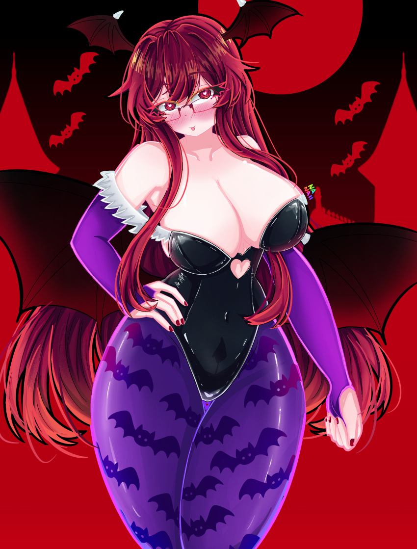 absurdres animal_print bare_shoulders bat_print bat_wings black_background black_leotard black_wings blush breasts bridal_gauntlets bright_pupils clothing_cutout commentary cosplay cowboy_shot darkstalkers demon_girl english_commentary female glasses gradient_wings hair_between_eyes hand_on_own_hip head_wings heart heart-shaped_pupils heart_cutout highres huge_breasts koakuma leotard long_hair mixed-language_commentary moon morrigan_aensland morrigan_aensland_(cosplay) multicolored_wings multilingual_commentary nanaii_desu pantyhose parted_bangs purple_pantyhose purple_sleeves red_background red_eyes red_hair red_moon red_nails red_wings spanish_commentary strapless strapless_leotard symbol-shaped_pupils tongue tongue_out touhou very_long_hair very_long_sidelocks white_pupils wings