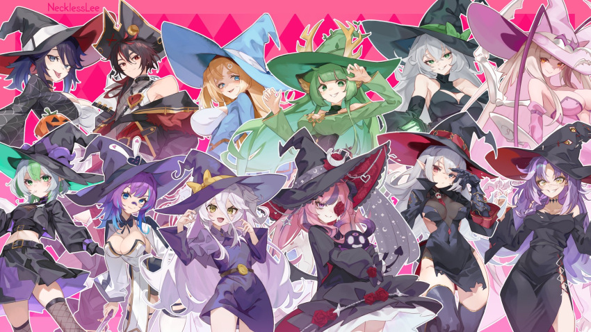 1boy 6+girls animal_ears antenna_hair antlers apricot_the_lich aqua_eyes arthropod_girl bandaid bandaid_on_face bandaid_on_nose black_hair black_hat black_jacket black_shirt black_skirt black_sleeves black_thighhighs blonde_hair blue_dress blue_eyes blue_hair breasts bubi_(ironmouse) cleavage cleavage_cutout clothing_cutout cockroach_girl cropped_jacket curly_hair deer_ears deer_girl demon_girl demon_horns demon_tail detached_sleeves dress flower_in_eye geega_(vtuber) green_dress green_hair grey_hair haruka_karibu hat henya_the_genius heterochromia highres hime_hajime horns ironmouse ironmouse_(witch) jacket kson kuro_kurenai kuro_kurenai_(2nd_costume) large_breasts long_hair looking_at_viewer matara_kan medium_breasts melody_(projektmelody) michi_mochievee monster_girl multicolored_hair multiple_girls necklesslee official_alternate_costume official_art pink_dress pink_hair pirate_hat pointy_ears power_symbol_hair_ornament purple_dress purple_eyes purple_hair red_eyes reindeer_antlers reindeer_girl shirt skirt sleeveless sleeveless_dress small_breasts smile souchou streaked_hair symbol_in_eye tail thighhighs tongue tongue_out very_long_hair virtual_youtuber vshojo white_dress witch witch_hat yellow_eyes zentreya zentreya_(witch)