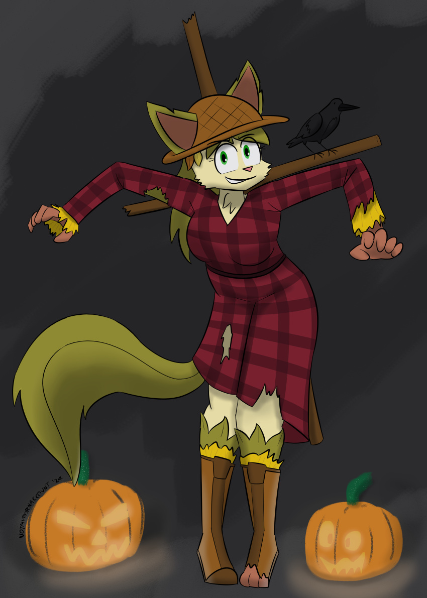 2024 absurd_res anthro avian bird boots breasts clothed clothing corvid corvus_(genus) costume crow digital_media_(artwork) dress eeveelution female flannel food footwear fruit fur generation_4_pokemon green_eyes hair halloween hat hay headgear headwear hi_res holidays jack-o'-lantern layla_(notmypornaccount) leaf leaf_hair leaf_tail leafeon nintendo notmypornaccount oscine passerine plant plant_hair pokemon pokemon_(species) pseudo_hair pumpkin scarecrow shirt shoes smile solo straw_hat tail text topwear torn_clothing torn_shoes yellow_body yellow_fur