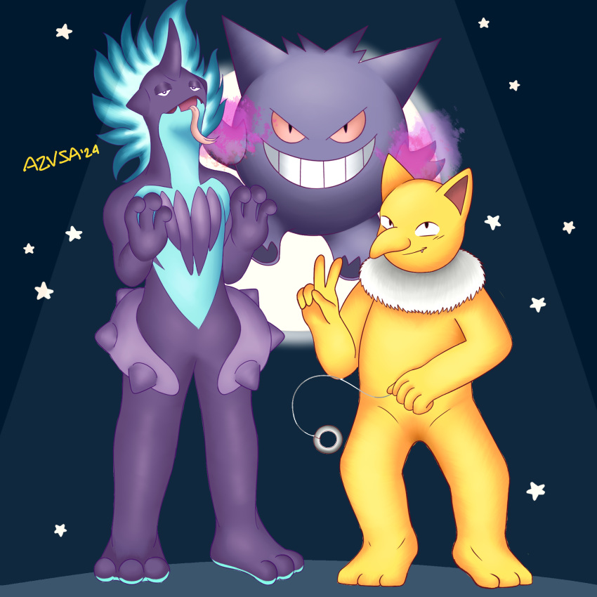 2024 ambiguous_gender anthro azusagp digital_media_(artwork) english_text generation_1_pokemon generation_8_pokemon gengar gesture group halloween hand_gesture hi_res holidays hypno_(pokemon) low_key_toxtricity moon nintendo pokemon pokemon_(species) simple_background text toxtricity trio v_sign