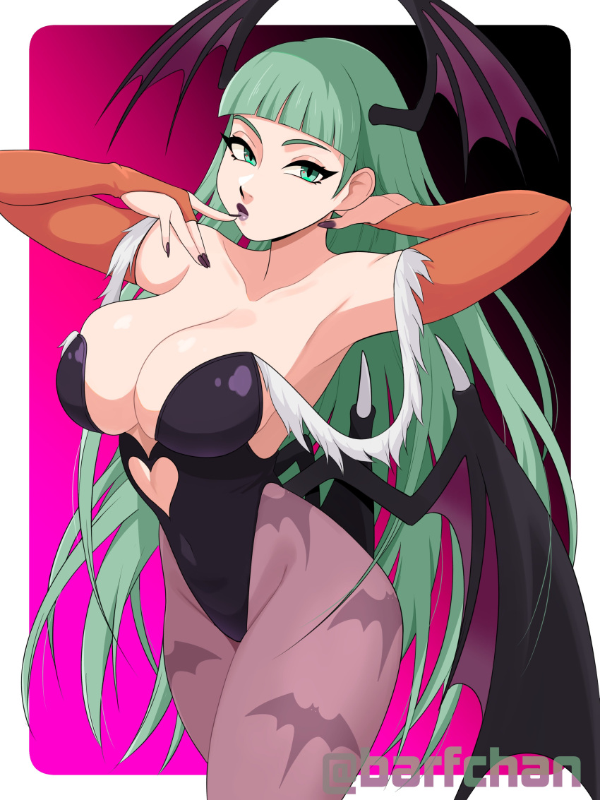 absurdres animal_print barfchan bat_print bat_wings breasts bridal_gauntlets capcom clothing_cutout darkstalkers demon_girl fur-trimmed_leotard fur_trim head_wings heart_cutout highres large_breasts leotard long_hair low_wings marvel_vs._capcom marvel_vs._capcom_3 morrigan_aensland off-shoulder_leotard pantyhose print_pantyhose purple_pantyhose purple_wings simple_background very_long_hair watermark wings