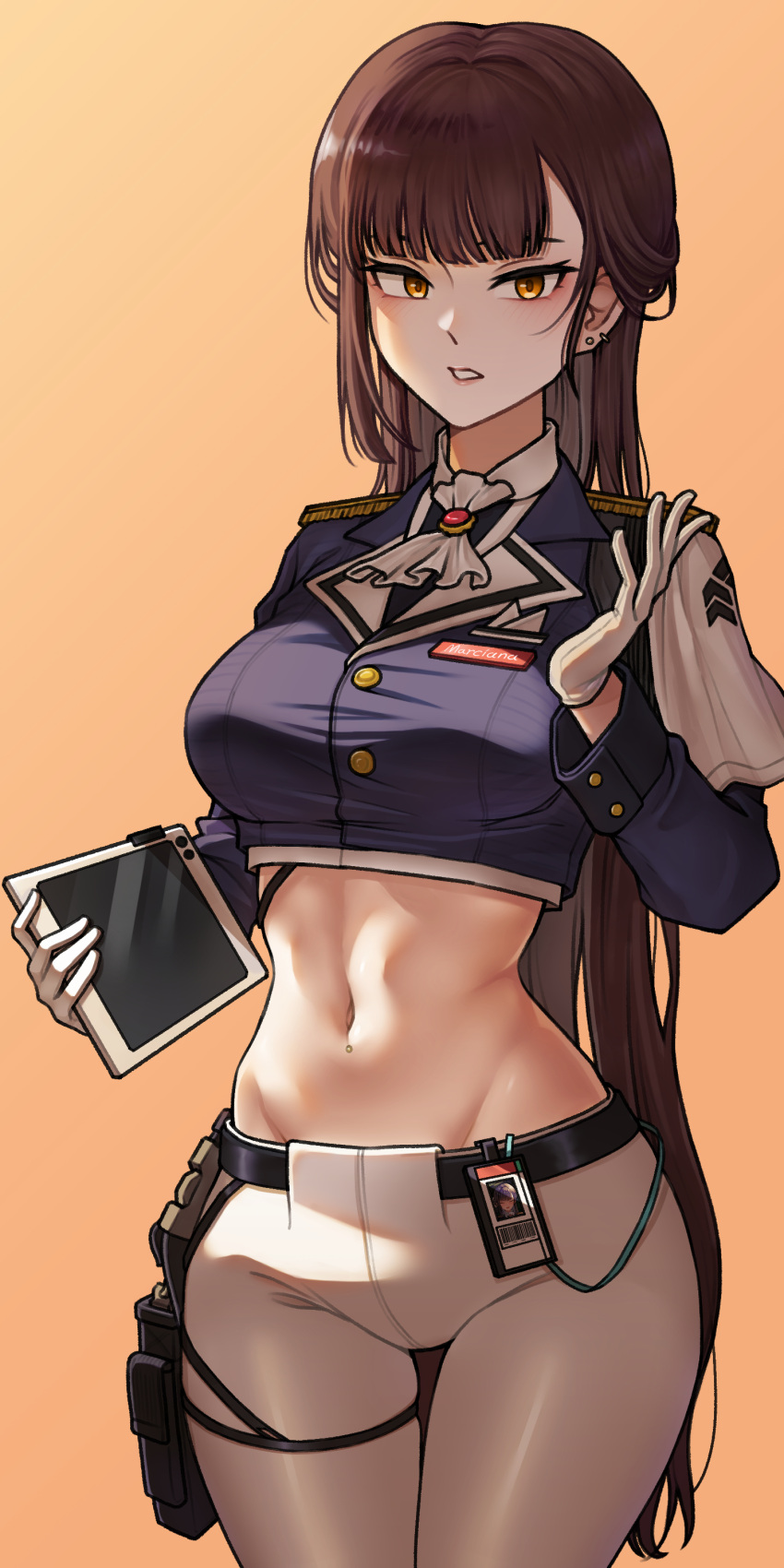 absurdres ascot belt black_belt black_jacket blunt_bangs breasts brown_eyes brown_hair commentary cowboy_shot crop_top cropped_jacket ear_piercing earrings epaulettes female gloves goddess_of_victory:_nikke groin hand_up highres holding holding_tablet_pc id_card jacket jewelry large_breasts long_hair long_sleeves looking_at_viewer marciana_(nikke) midriff military_jacket military_uniform moongom name_tag navel navel_piercing pants parted_lips piercing pouch simple_background skindentation solo standing tablet_pc thigh_gap thigh_pouch thigh_strap tight_clothes tight_pants white_ascot white_gloves white_pants yellow_background