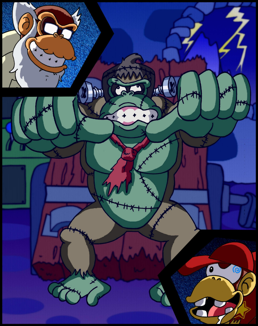 2015 5_fingers 5_toes absurd_res anthro ape baseball_cap beard black_eyewear black_glasses bodily_fluids brown_body brown_fur clothing coat cranky_kong diddy_kong digital_drawing_(artwork) digital_media_(artwork) donkey_kong_(character) donkey_kong_(series) drooling electricity evil_grin eyewear facial_hair feet fingers frankenstein's_monster fur glasses glistening glistening_eyewear glistening_glasses gorilla grey_beard grey_facial_hair grey_hair group hair halloween haplorhine hat headgear headwear hi_res holidays lab_coat lightning male mammal mightyfilm monkey mostly_nude necktie necktie_only night nintendo parody patchwork_creature pink_tongue primate red_necktie saliva smile stitch_(sewing) teeth toes tongue topwear trio white_lab_coat