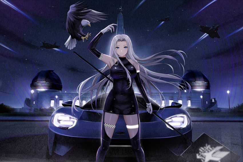 absurdres alternate_costume azur_lane bald_eagle bird black_dress blue_eyes breasts detached_sleeves dress eagle eagle_union_(emblem) f-22_raptor female gloves highres holding kcar66t large_breasts long_hair looking_at_viewer night outdoors race_queen short_dress skin_tight solo standing vehicle_request very_long_hair white_gloves white_hair yorktown_(azur_lane)