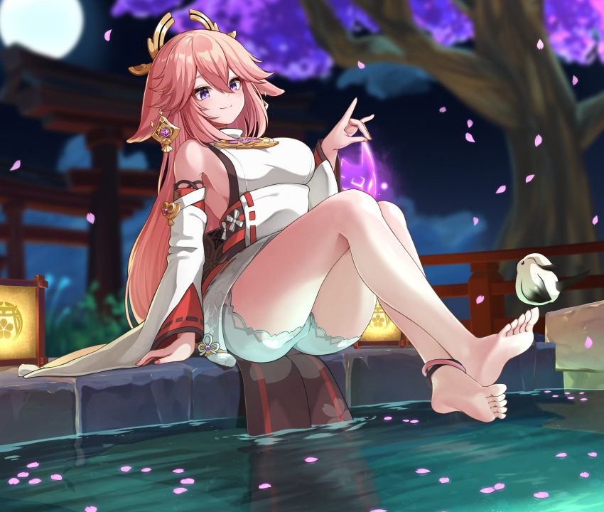 absurdres animal_ears bare_legs bare_shoulders barefoot bird breasts detached_sleeves female fox_ears genshin_impact highres large_breasts long_hair long_sleeves moon night night_sky outdoors petals petals_on_liquid pink_hair purple_eyes shirt shorts sideboob sky sleeveless sleeveless_shirt smile solo thighs tree very_long_hair watayoshi_(suiiho) water white_shirt white_shorts yae_miko