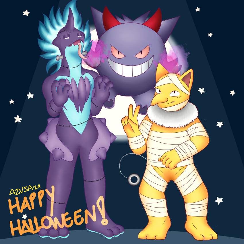 2024 ambiguous_gender anthro azusagp clothing costume digital_media_(artwork) english_text generation_1_pokemon generation_8_pokemon gengar gesture group halloween hand_gesture hi_res holidays horn hypno_(pokemon) low_key_toxtricity moon mummy_wrappings nintendo pokemon pokemon_(species) simple_background stitch_(sewing) text toxtricity trio v_sign