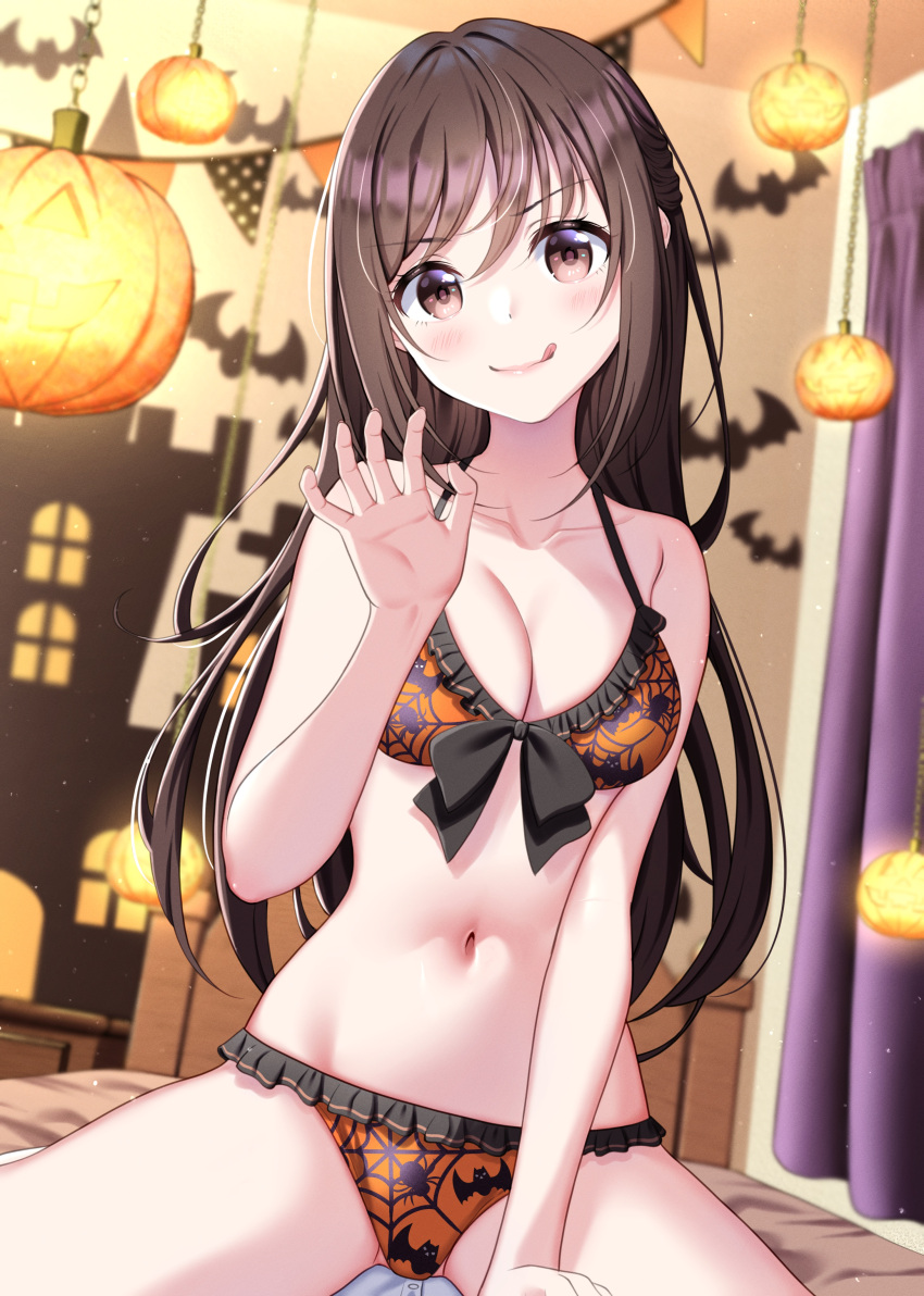 absurdres animal_print bat_print bikini blush bow bow_bikini breasts brown_eyes brown_hair cleavage collarbone commentary_request cowgirl_position curtains female frilled_bikini frills half_updo halloween highres hominotsu jack-o'-lantern licking_lips long_hair looking_at_viewer medium_breasts navel on_bed orange_bikini original pov sitting solo spider_print spider_web_print swimsuit tongue tongue_out wariza