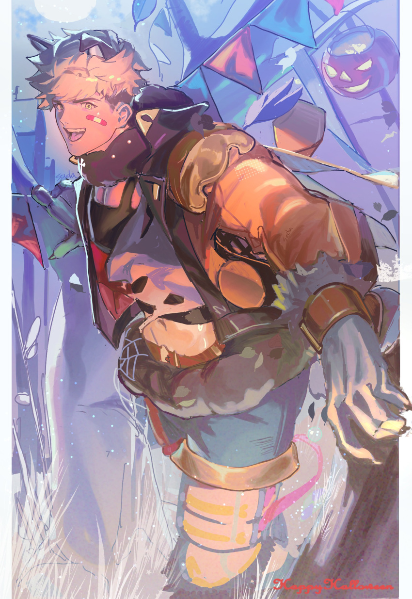 1boy absurdres animal_ears bara belt black_pants black_tank_top blonde_hair brown_belt fur-trimmed_belt fur_collar granblue_fantasy highres jacket kshbjb3bppui9om large_pectorals male_focus muscular muscular_male official_alternate_costume open_clothes open_jacket open_mouth orange_jacket outdoors pants pectorals shirt short_hair smile solo tank_top torn_clothes torn_shirt vane_(granblue_fantasy) vane_(halloween)_(granblue_fantasy) white_shirt wolf_boy wolf_ears wolf_paws