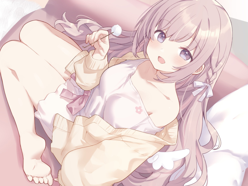 angel_wings barefoot braid breasts brown_eyes cardigan collarbone commentary commission couch female floral_print frilled_shorts frills from_above full_body highres hiraga_matsuri light_brown_hair long_hair long_sleeves looking_at_viewer medium_breasts mimikaki off_shoulder on_couch open_cardigan open_clothes open_mouth original pillow pink_eyes pink_hair pink_shirt pink_shorts shirt short_shorts shorts sitting skeb_commission smile solo very_long_hair wariza wings yellow_cardigan