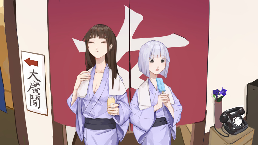 2girls :o absurdres bathhouse blunt_bangs breasts brown_hair cleavage closed_eyes food grey_eyes grey_hair highres indoors japanese_clothes kimono medium_hair multiple_girls open_mouth original phone popsicle purple_kimono standing towel towel_around_neck vase yomiya_setsu