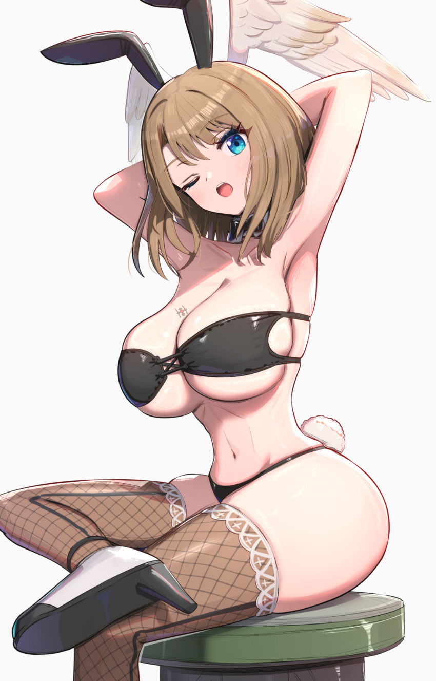 absurdres animal_ears armpits bikini blue_eyes breast_tattoo breasts commentary_request eunie_(xenoblade) female gonzarez head_wings highres huge_breasts playboy_bunny rabbit_ears swimsuit tattoo white_wings wings xenoblade_chronicles_(series) xenoblade_chronicles_3