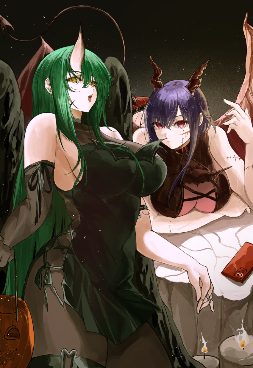 2girls absurdres arknights arm_under_breasts armlet bare_shoulders bent_over blue_hair breasts candle cellphone ch'en_(arknights) cleavage closed_mouth dragon_girl dragon_horns dress dried_blood earrings elbow_gloves english_commentary fire gloves green_dress green_hair hair_between_eyes halloween highres horns hoshiguma_(arknights) jack-o'-lantern jewelry large_breasts long_hair looking_at_viewer multiple_girls multiple_rings night night_sky open_mouth outdoors pantyhose phone pumpkin red_eyes ring scar scar_on_face single_horn skin-covered_horns sky smartphone very_long_hair yellow_eyes yuki_flourish