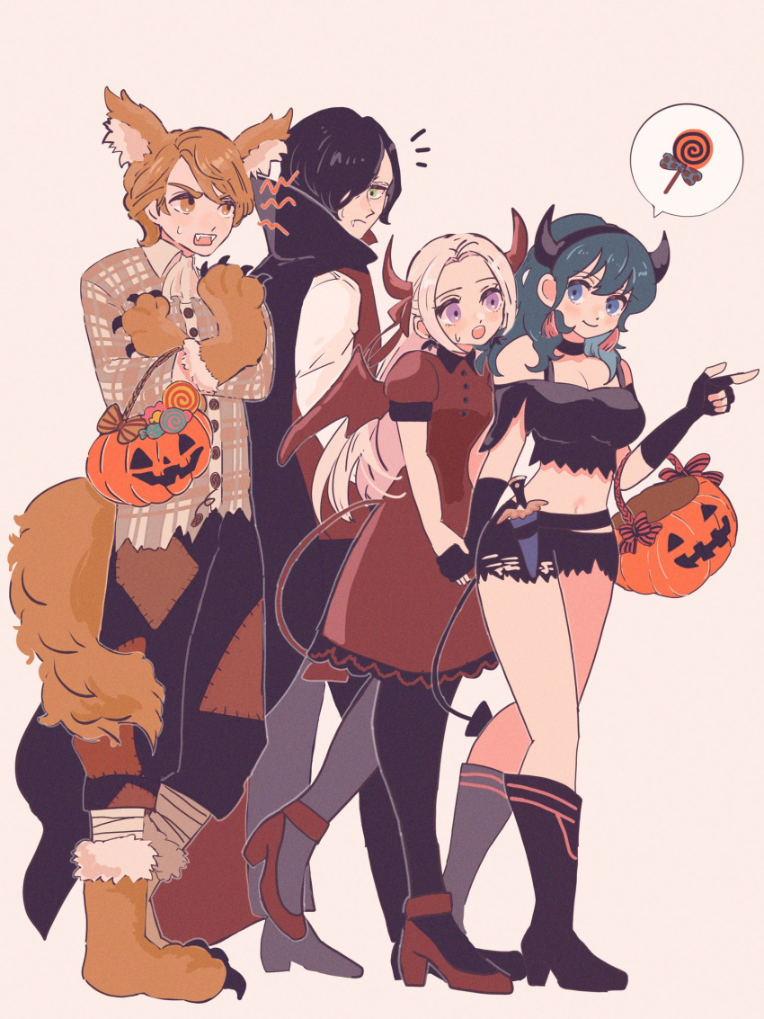 2boys 2girls :o animal_ears bandaged_leg bandages bare_shoulders basket black_choker black_footwear black_hair black_hairband black_pants black_pantyhose black_shirt blue_eyes blue_hair boots breasts brown_shirt byleth_(female)_(fire_emblem) byleth_(fire_emblem) candy chimney_(chimney0311) choker cleavage crop_top dress edelgard_von_hresvelg fake_horns ferdinand_von_aegir fire_emblem fire_emblem:_three_houses food grey_background hairband highres horn_hairband horns hubert_von_vestra lollipop long_sleeves medium_breasts midriff multiple_boys multiple_girls navel off-shoulder_shirt off_shoulder open_mouth orange_eyes orange_hair pants pantyhose puffy_sleeves purple_eyes red_dress shirt short_hair short_sleeves simple_background stomach thighs white_hair wolf_ears