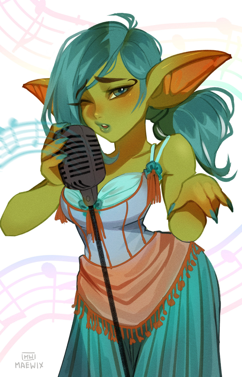 1girls absurd_res cabaret dress female female_only goblin goblin_female gobtober gobtober_2024 green_eyes green_hair green_skin light_green_hair looking_at_viewer maewix1 microphone pointy_ears ponytail singing solo white_background wink winking_at_viewer