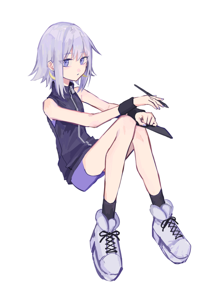 absurdres black_socks black_wristband female full_body grey_footwear grey_hair highres holding holding_stylus original purple_eyes shoes short_shorts shorts sitting sleeveless sleeveless_jacket sneakers socks stylus white_background yomiya_setsu zipper